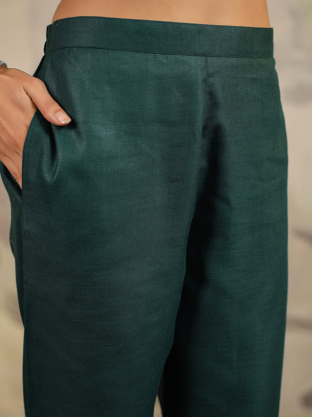 Dark Green Cotton Blend Straight Yoke Embroidered 3-Piece Kurta Set