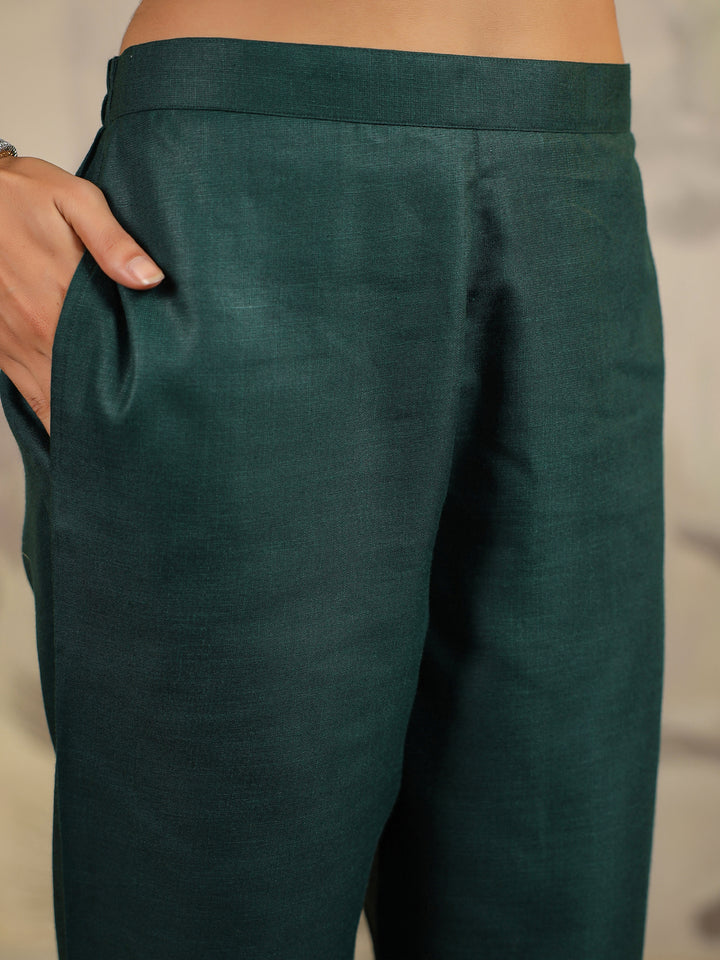 Dark Green Cotton Blend Straight Yoke Embroidered 3-Piece Kurta Set