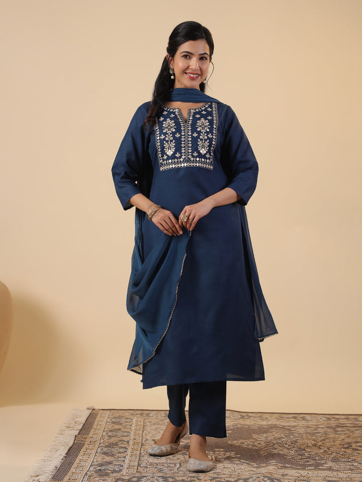 Teal Cotton Blend Straight Yoke Embroidered 3-Piece Kurta Set