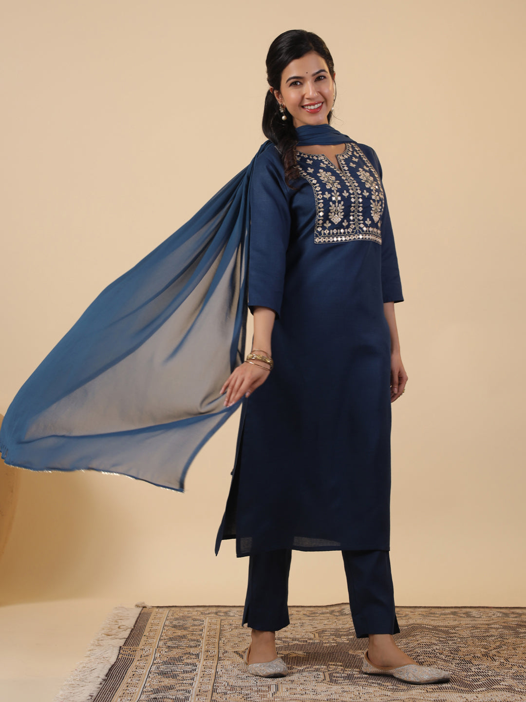 Teal Cotton Blend Straight Yoke Embroidered 3-Piece Kurta Set