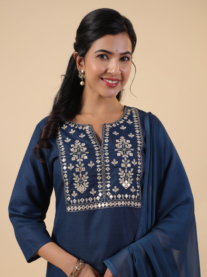 Teal Cotton Blend Straight Yoke Embroidered 3-Piece Kurta Set