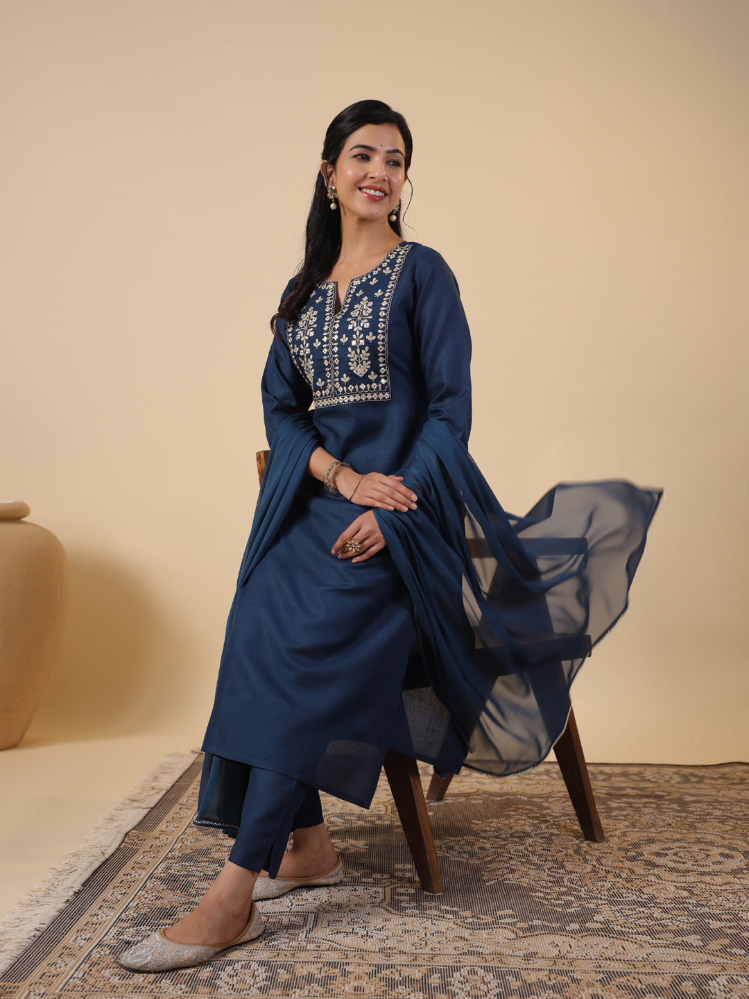 Teal Cotton Blend Straight Yoke Embroidered 3-Piece Kurta Set
