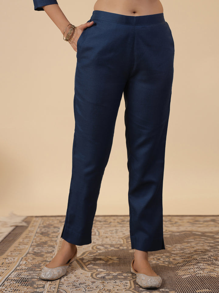 Teal Cotton Blend Straight Yoke Embroidered 3-Piece Kurta Set