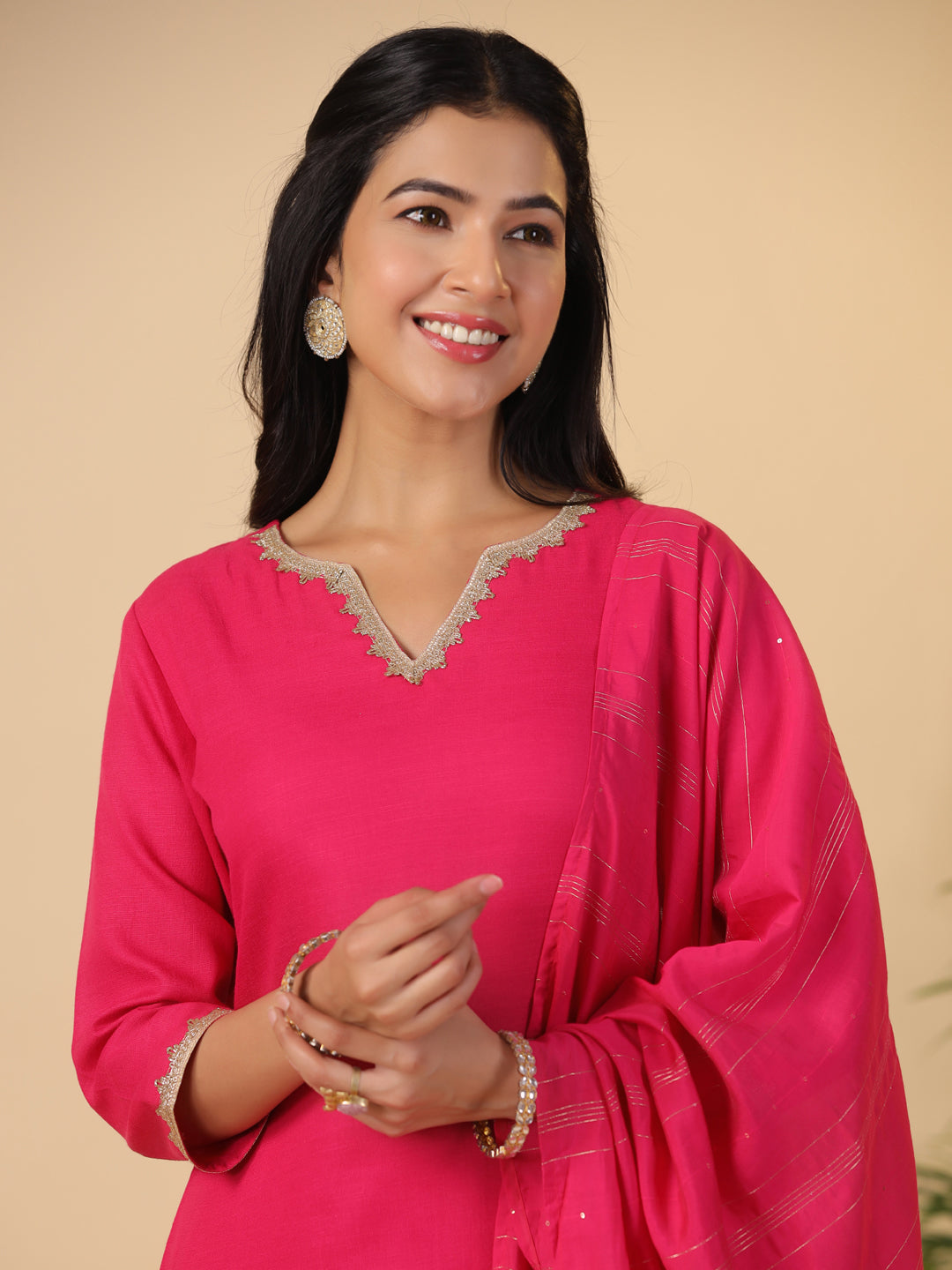 Pink Cotton Blend Straight Solid 3-Piece Kurta Set