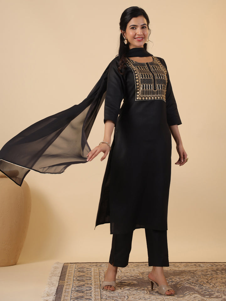 Black Cotton Blend Straight Yoke Embroidered 3-Piece Kurta Set