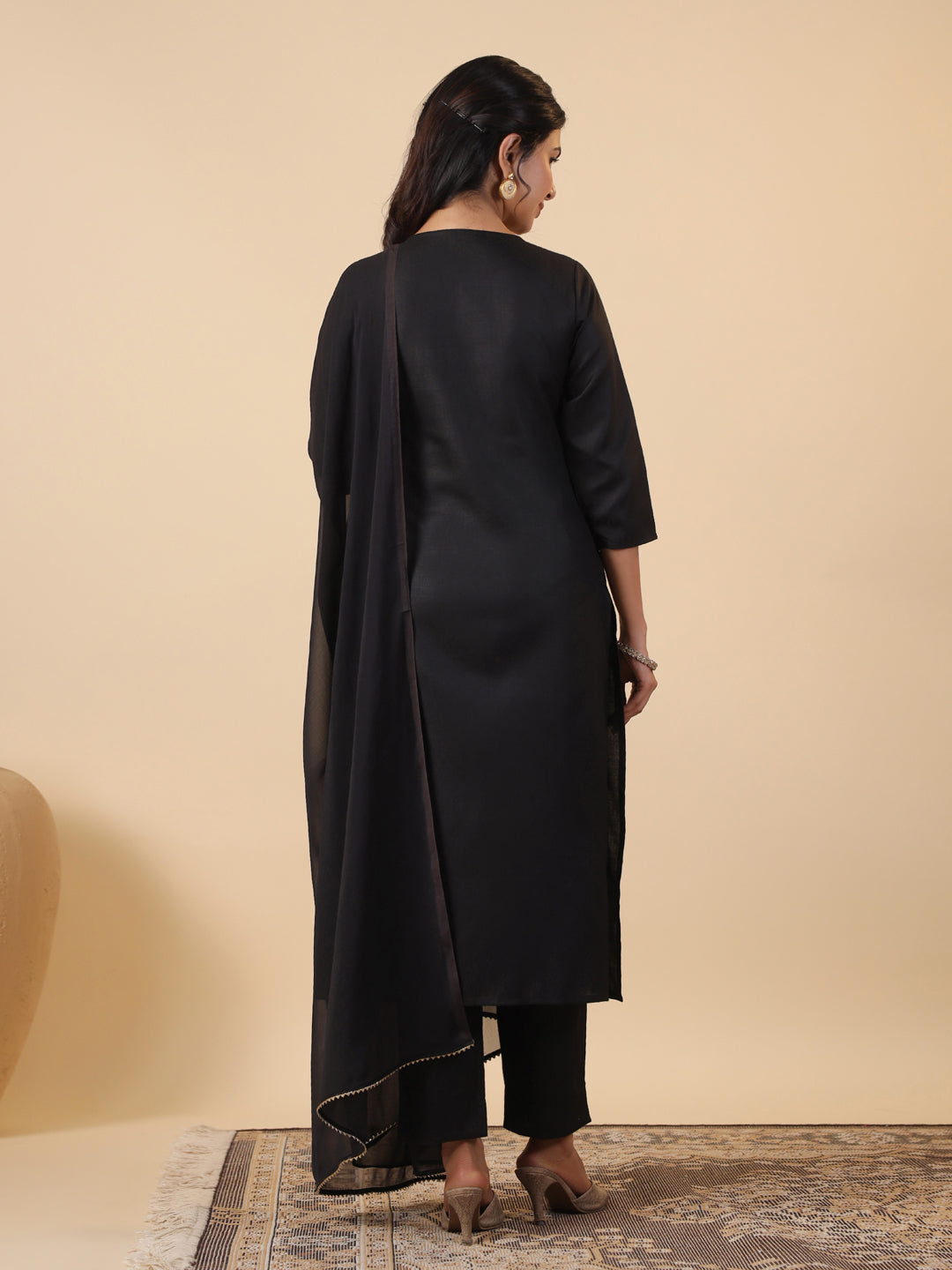 Black Cotton Blend Straight Yoke Embroidered 3-Piece Kurta Set