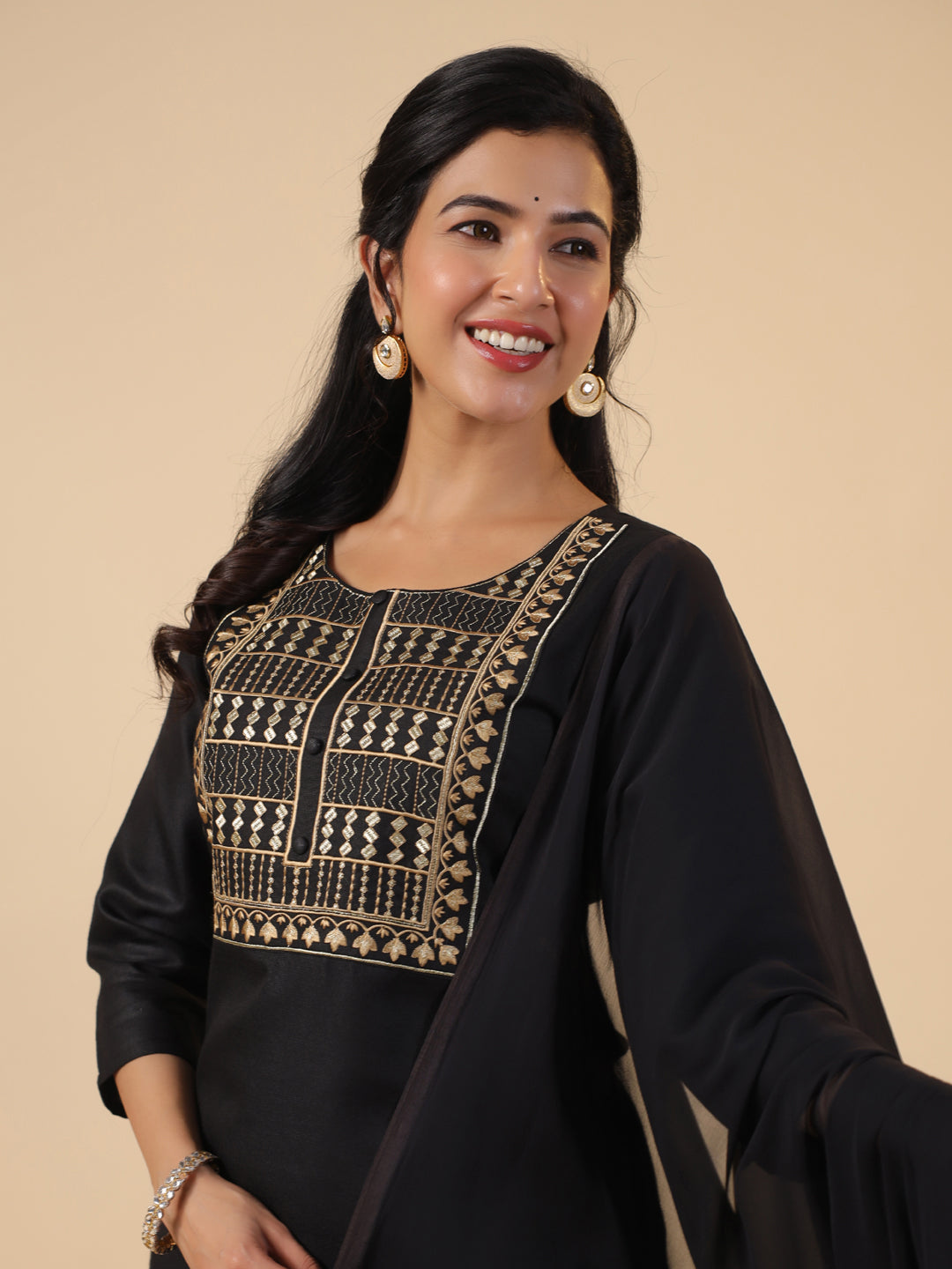 Black Cotton Blend Straight Yoke Embroidered 3-Piece Kurta Set