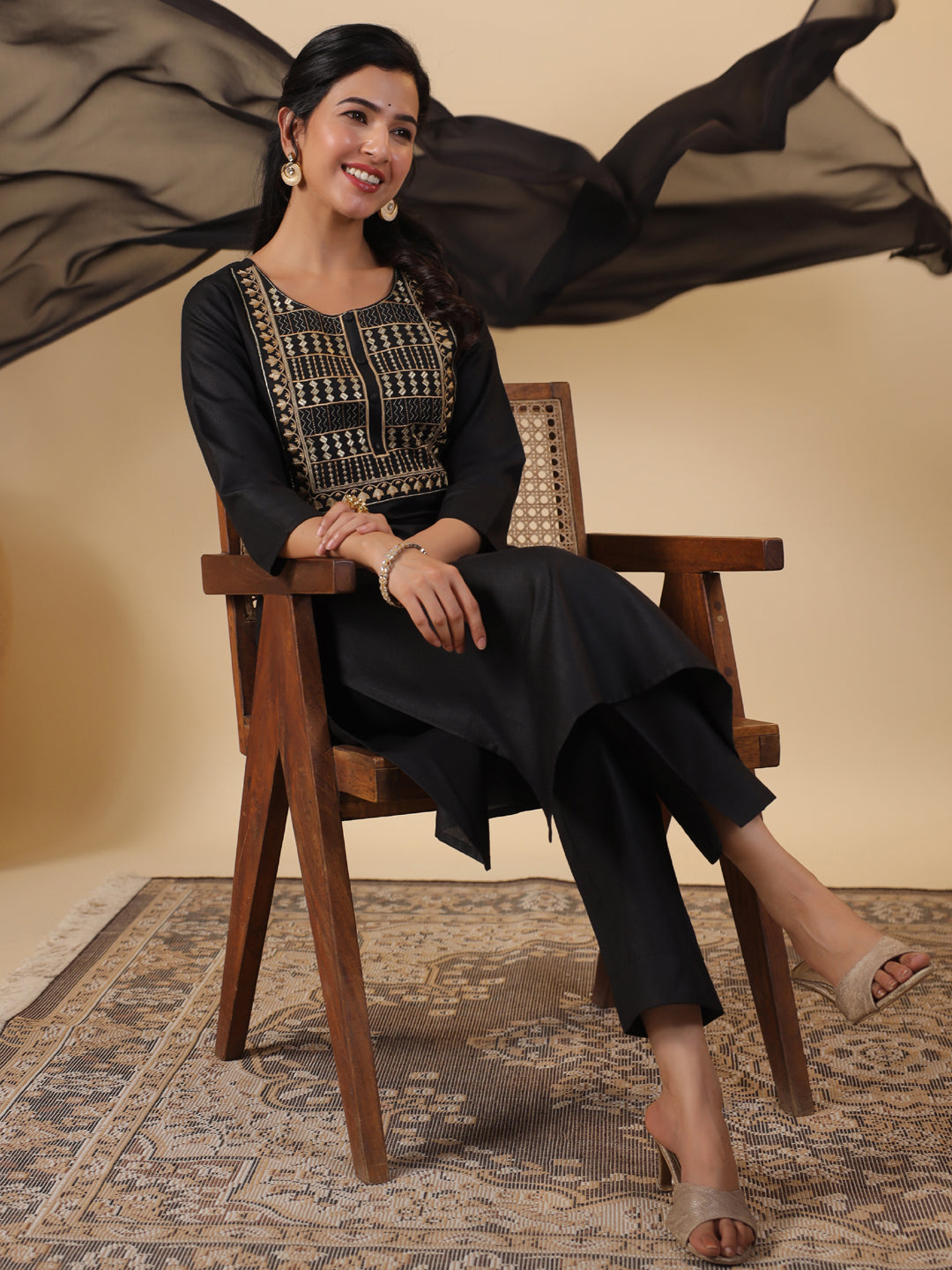 Black-Cotton-Blend-Straight-Yoke-Embroidered-3-Piece-Kurta-Set