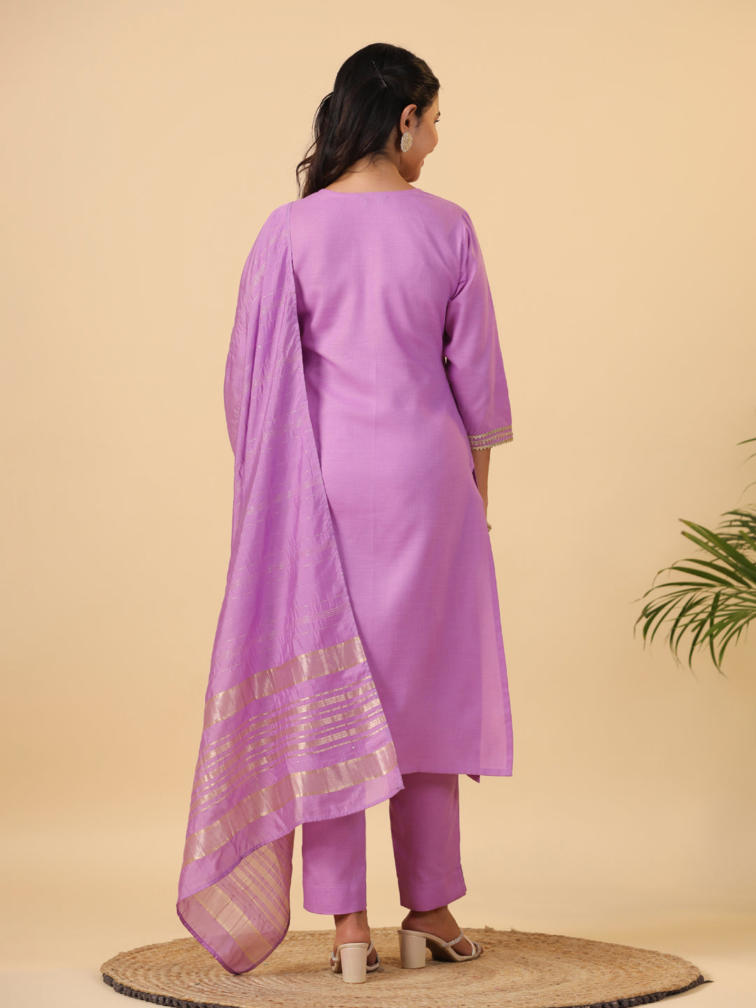 Lavender Cotton Blend Straight Solid 3-Piece Kurta Set