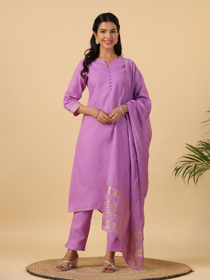 Lavender Cotton Blend Straight Solid 3-Piece Kurta Set