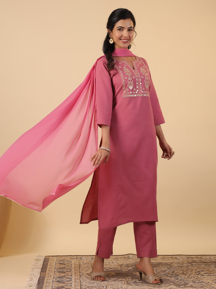 Mauve Cotton Blend Straight Yoke Embroidered 3-Piece Kurta Set