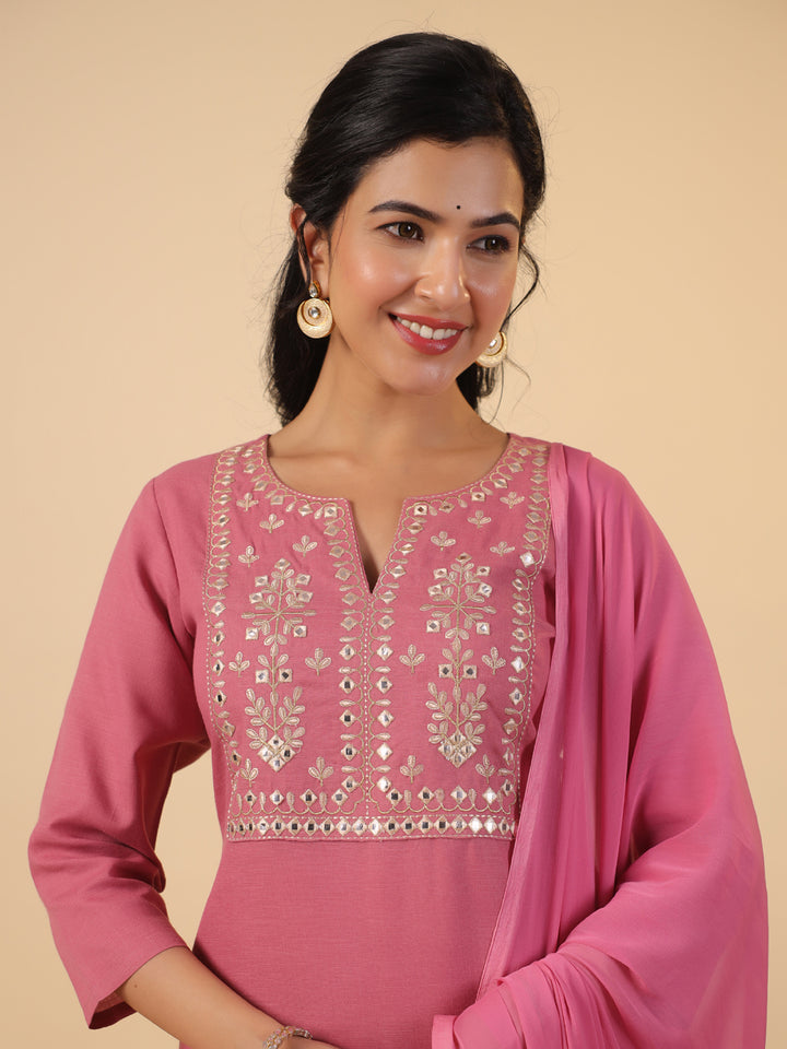 Mauve Cotton Blend Straight Yoke Embroidered 3-Piece Kurta Set