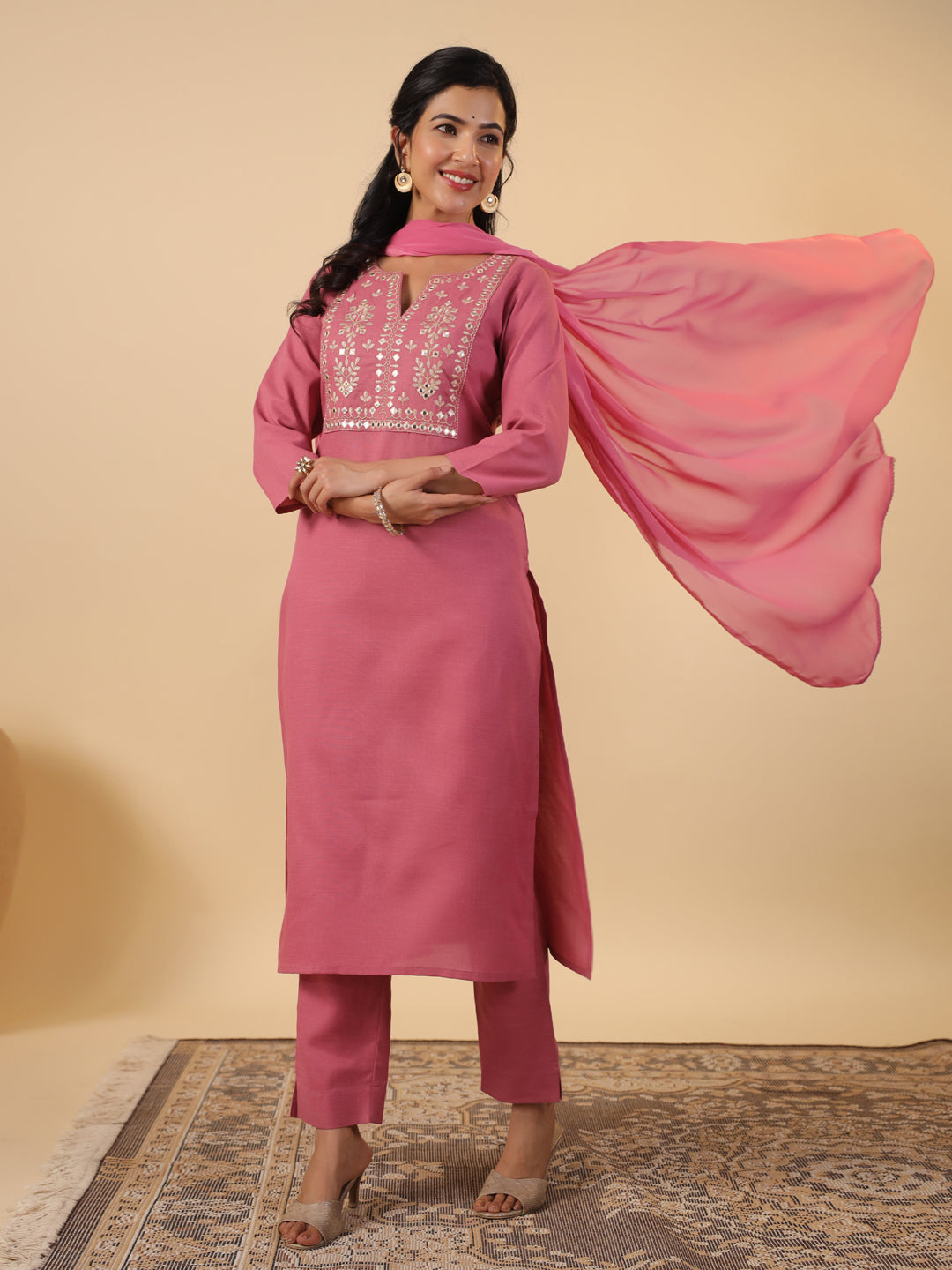 Mauve Cotton Blend Straight Yoke Embroidered 3-Piece Kurta Set