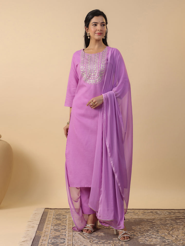 Lavender Cotton Blend Straight Yoke Embroidered 3-Piece Kurta Set