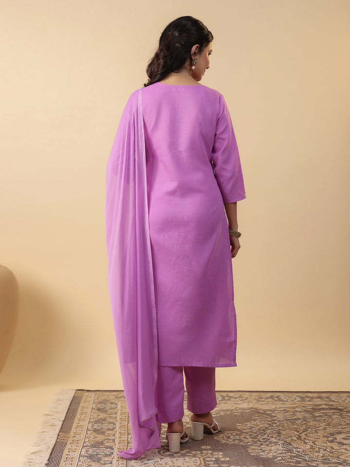 Lavender Cotton Blend Straight Yoke Embroidered 3-Piece Kurta Set
