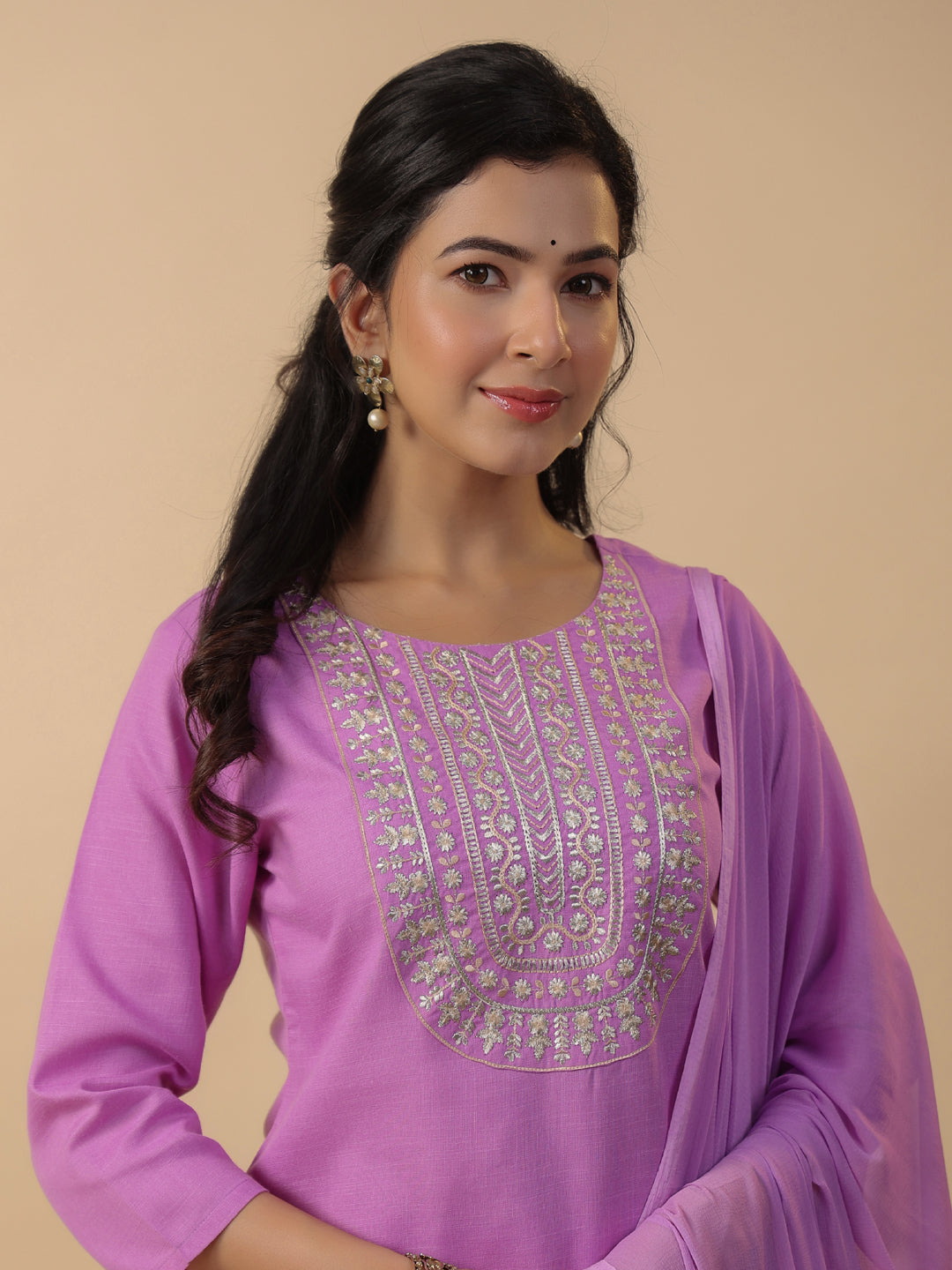 Lavender Cotton Blend Straight Yoke Embroidered 3-Piece Kurta Set