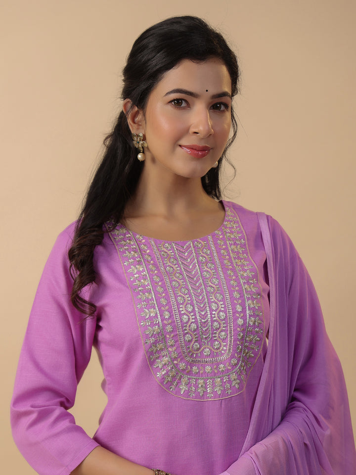 Lavender Cotton Blend Straight Yoke Embroidered 3-Piece Kurta Set