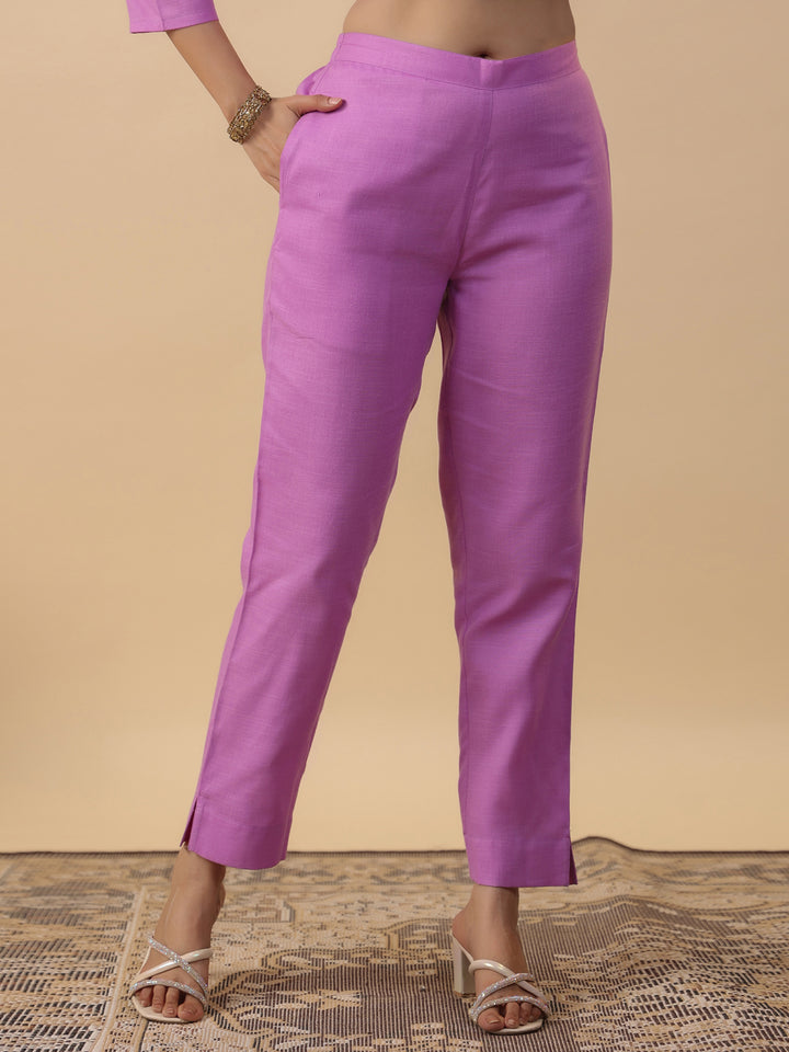 Lavender Cotton Blend Straight Yoke Embroidered 3-Piece Kurta Set