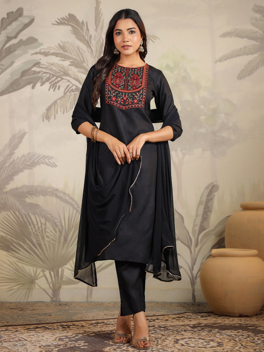 Black-Cotton-Blend-Embroidery-Straight-Kurta-Set