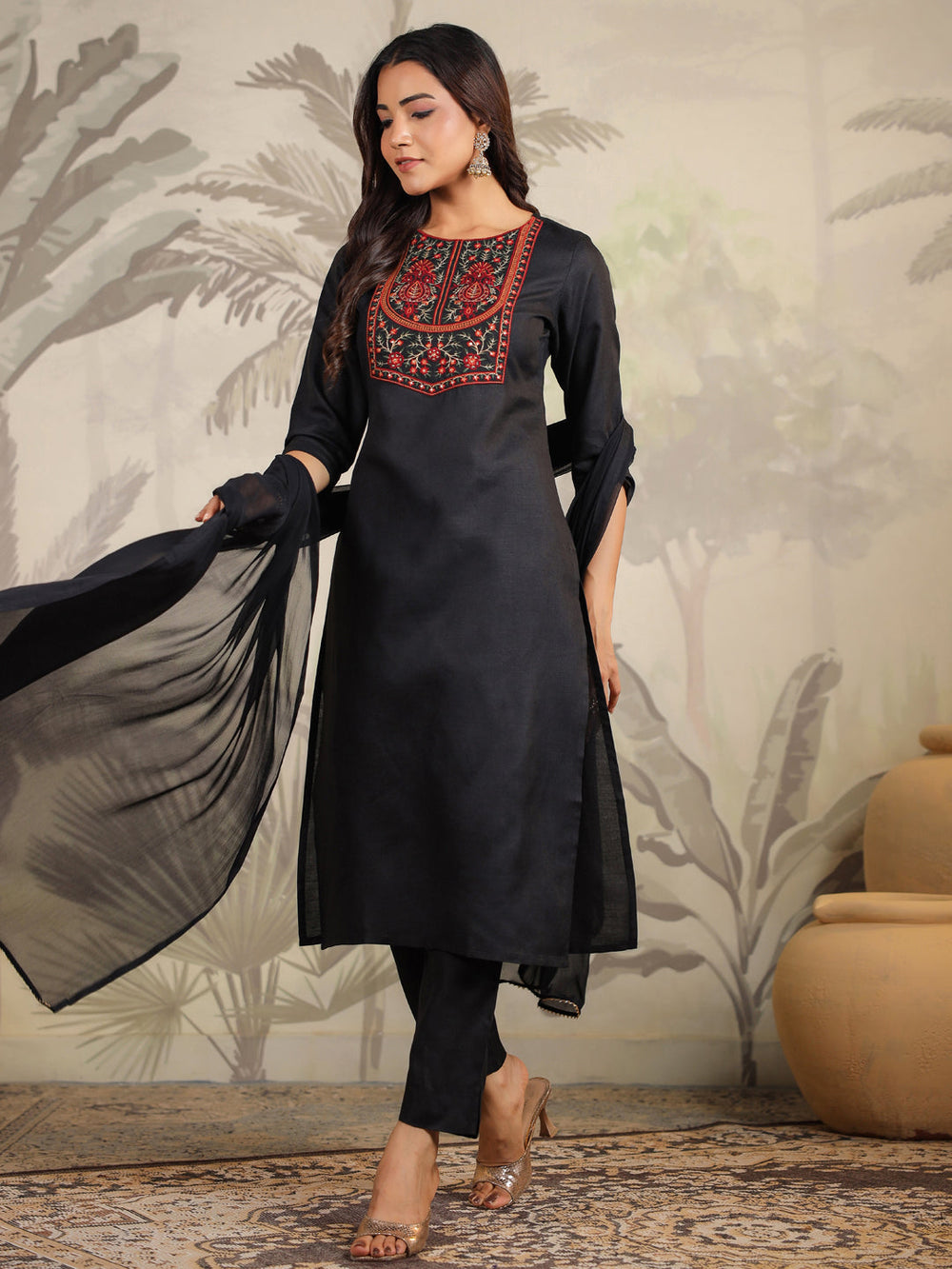 Black-Cotton-Blend-Embroidery-Straight-Kurta-Set