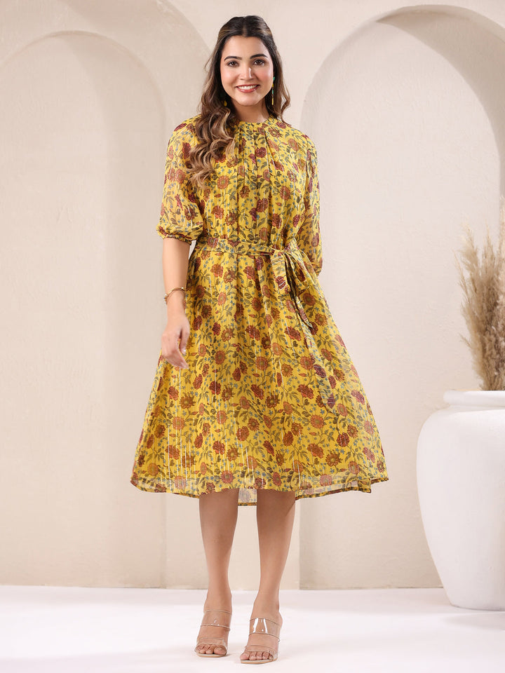 Mustard Georgette Floral A-Line Dress