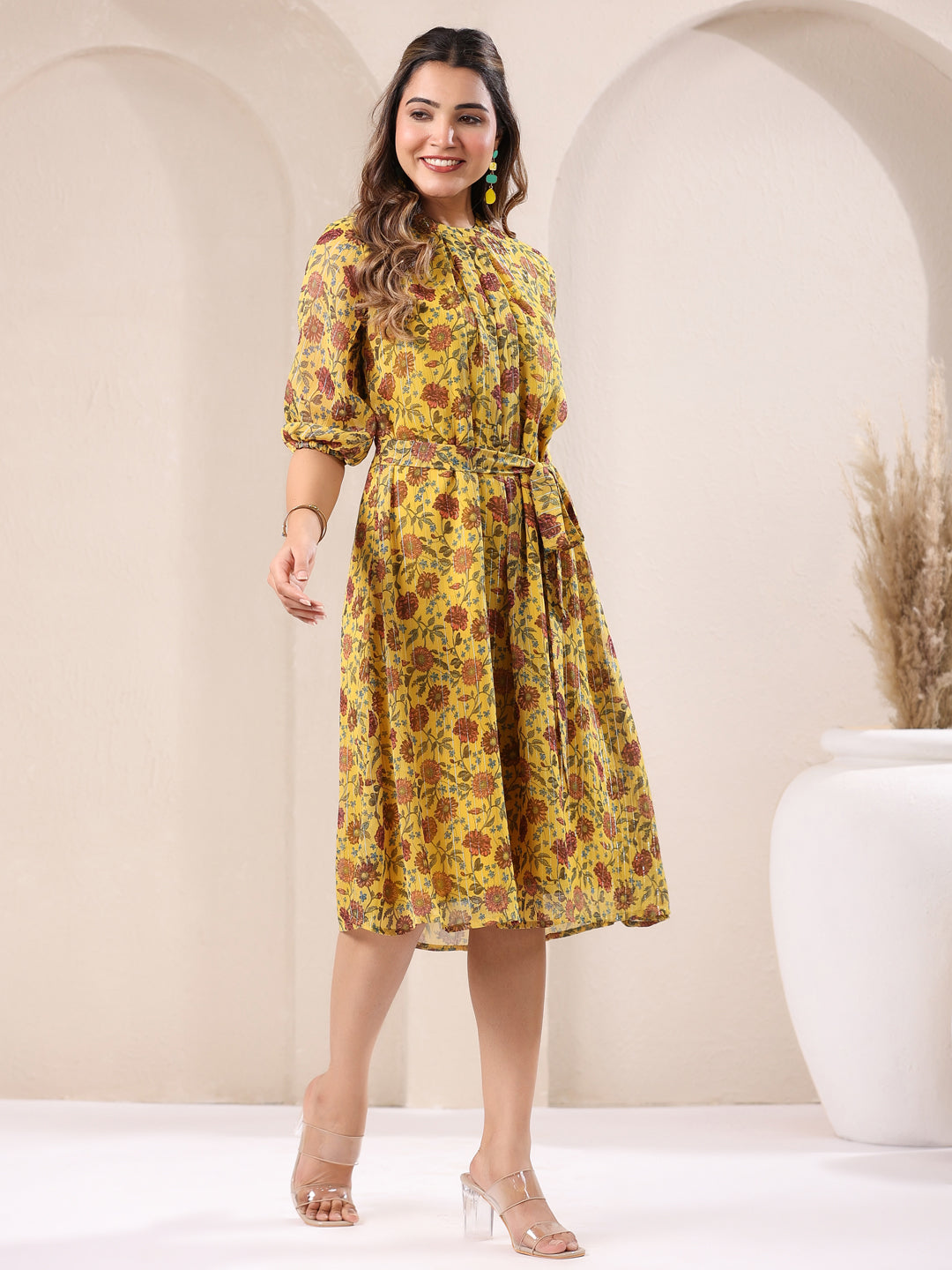 Mustard Georgette Floral A-Line Dress