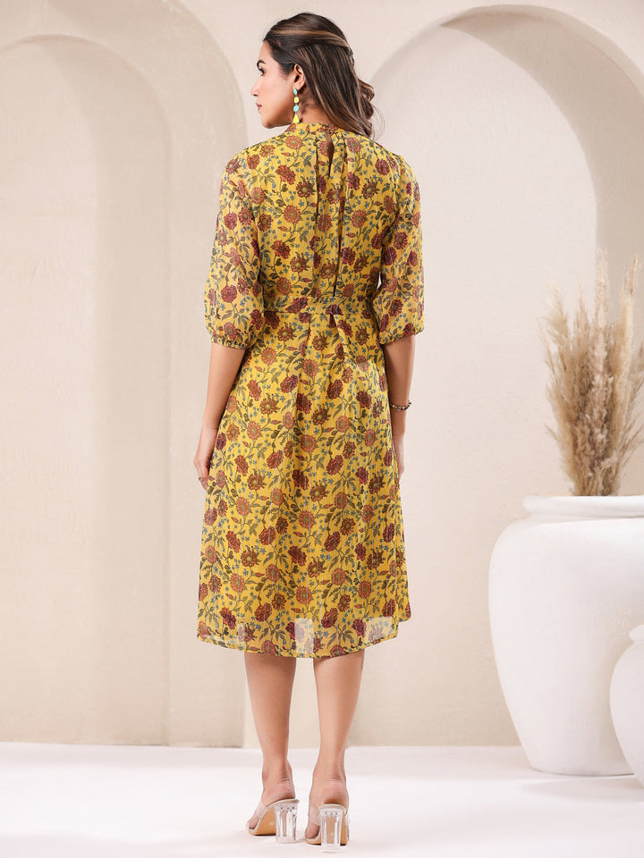 Mustard Georgette Floral A-Line Dress