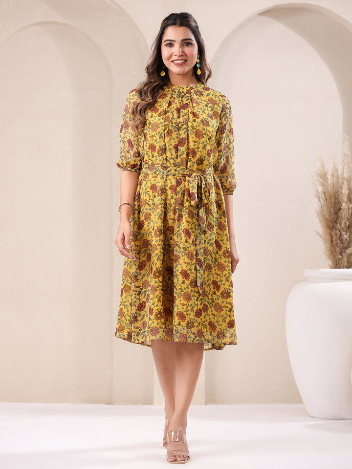 Mustard Georgette Floral A-Line Dress