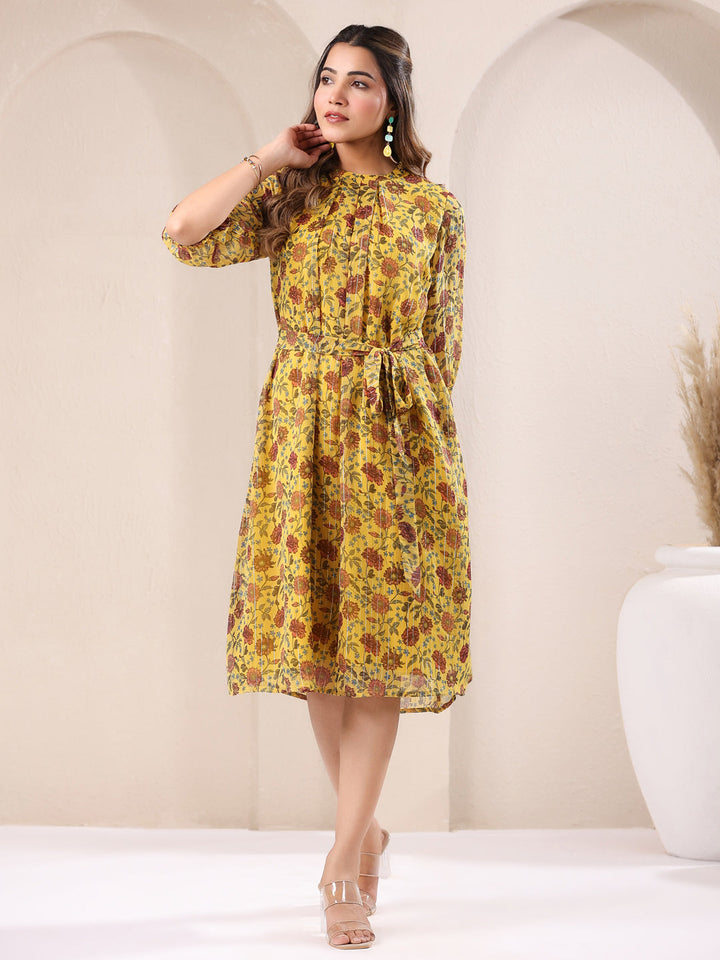 Mustard Georgette Floral A-Line Dress