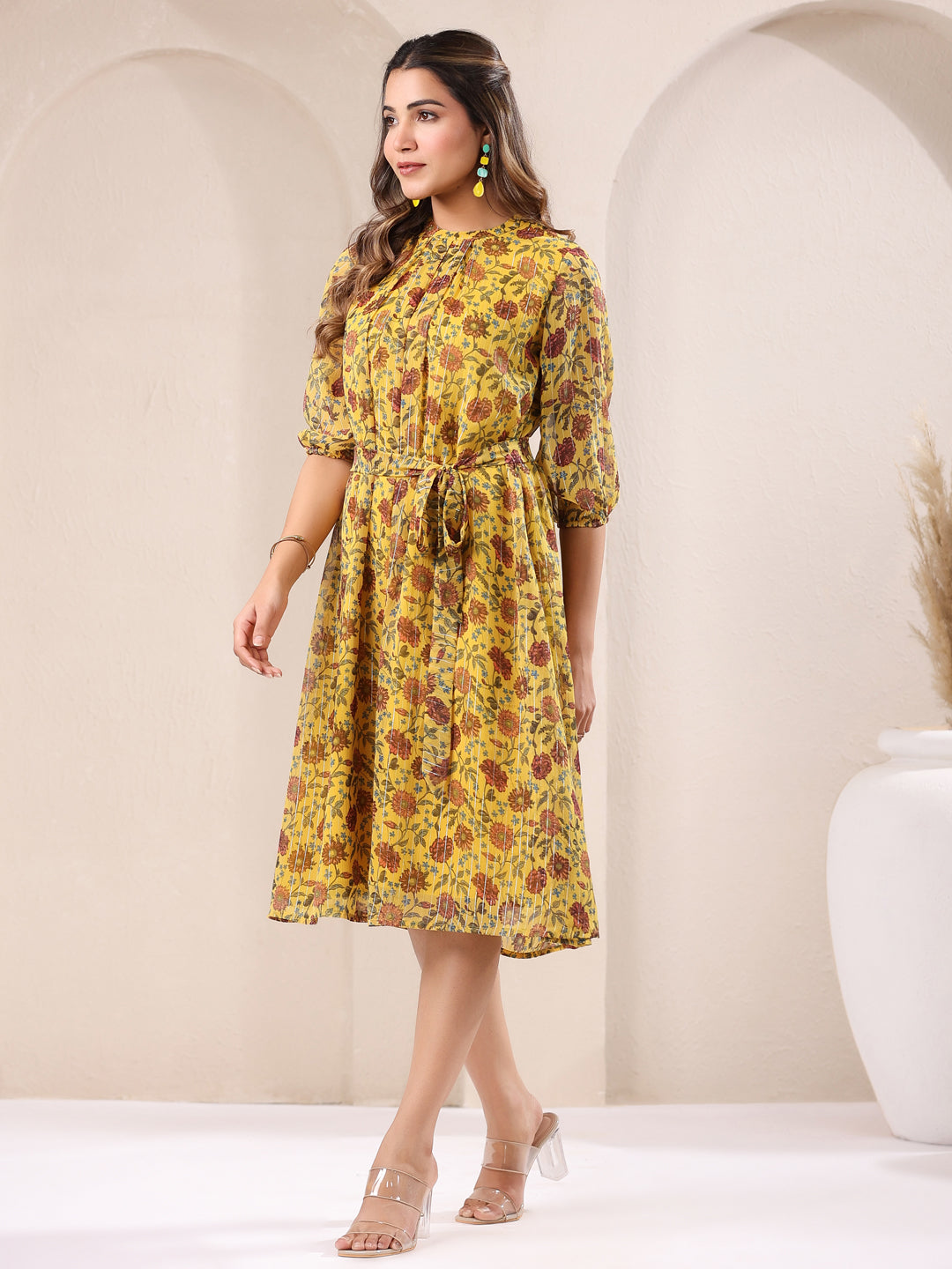 Mustard Georgette Floral A-Line Dress