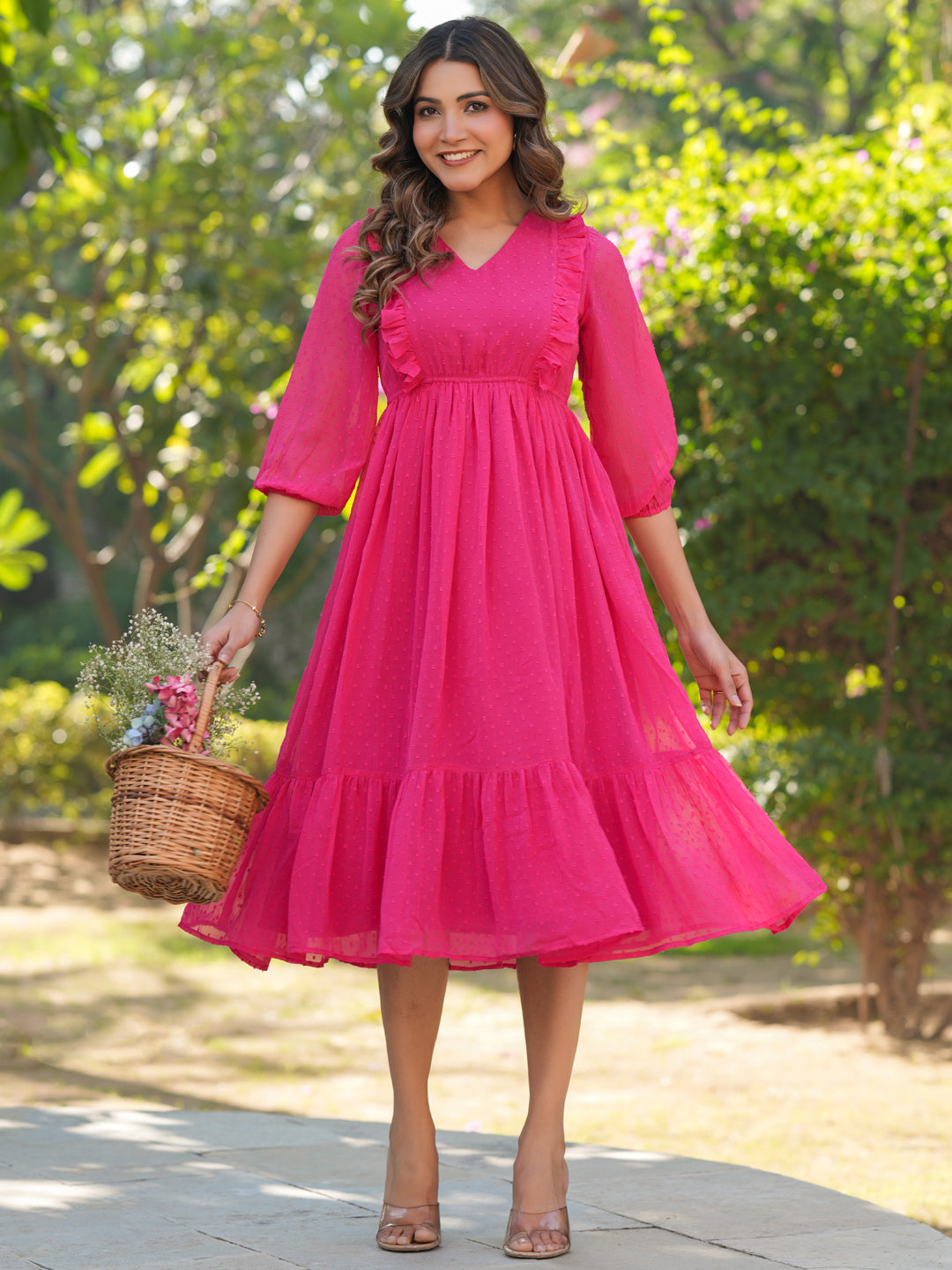 Pink Dobby Chiffon Fit & Flare Dress