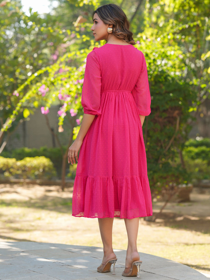 Pink Dobby Chiffon Fit & Flare Dress