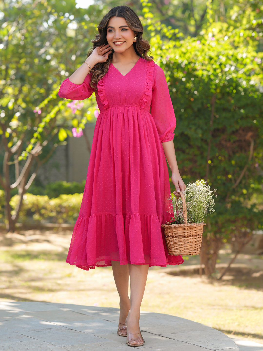 Pink Dobby Chiffon Fit & Flare Dress