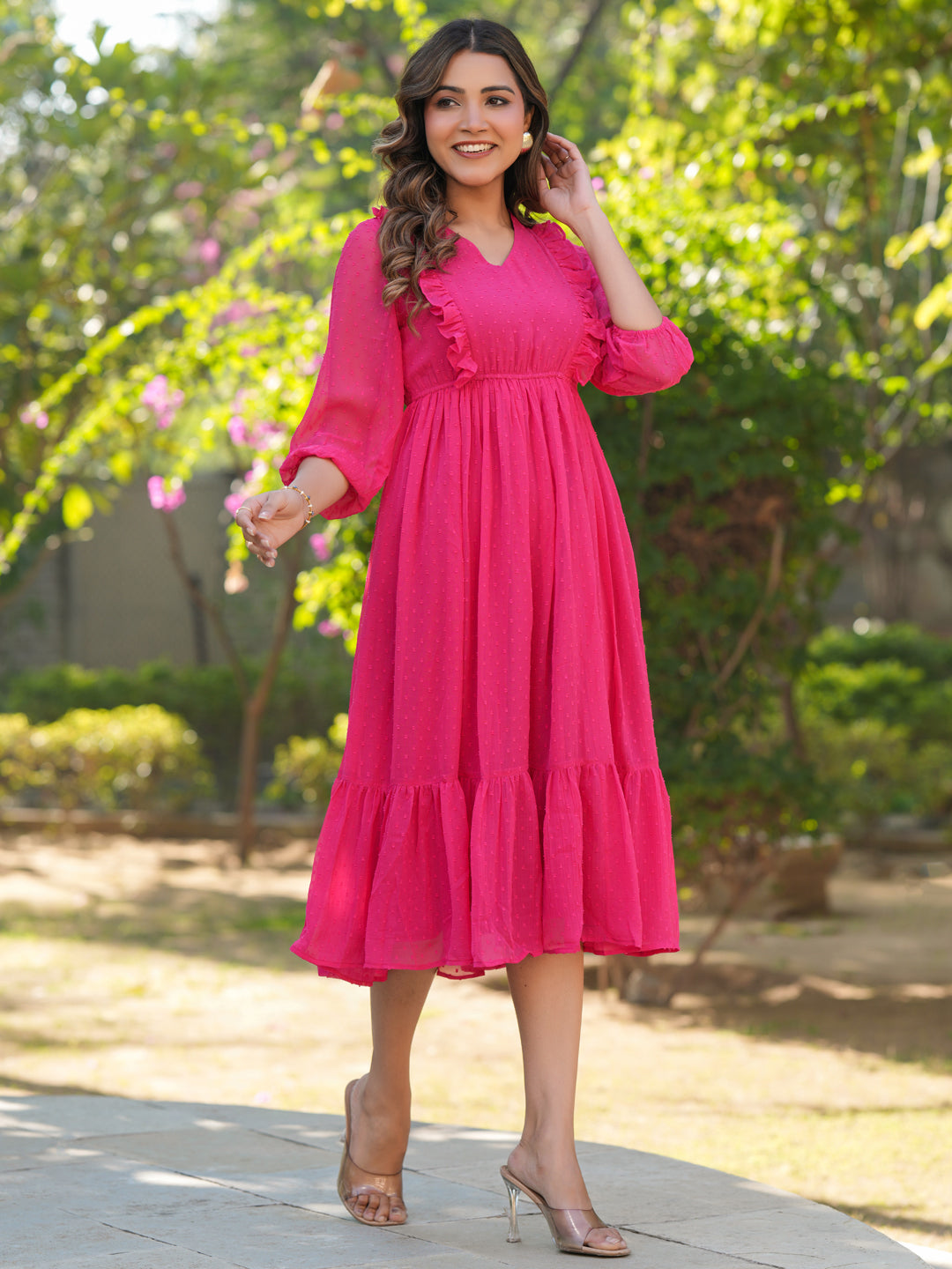 Pink Dobby Chiffon Fit & Flare Dress