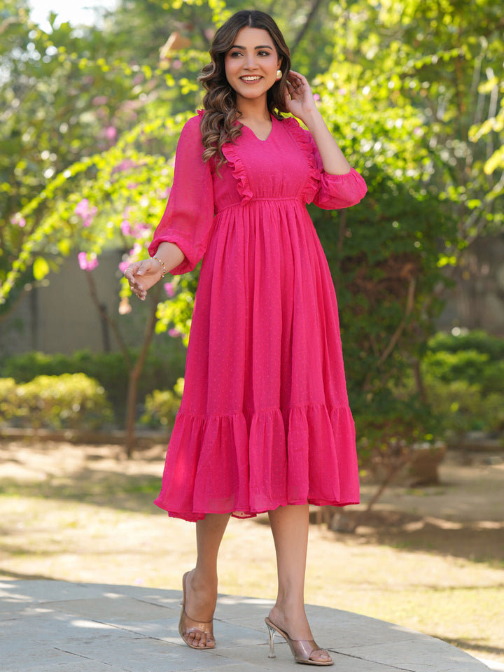 Pink Dobby Chiffon Fit & Flare Dress