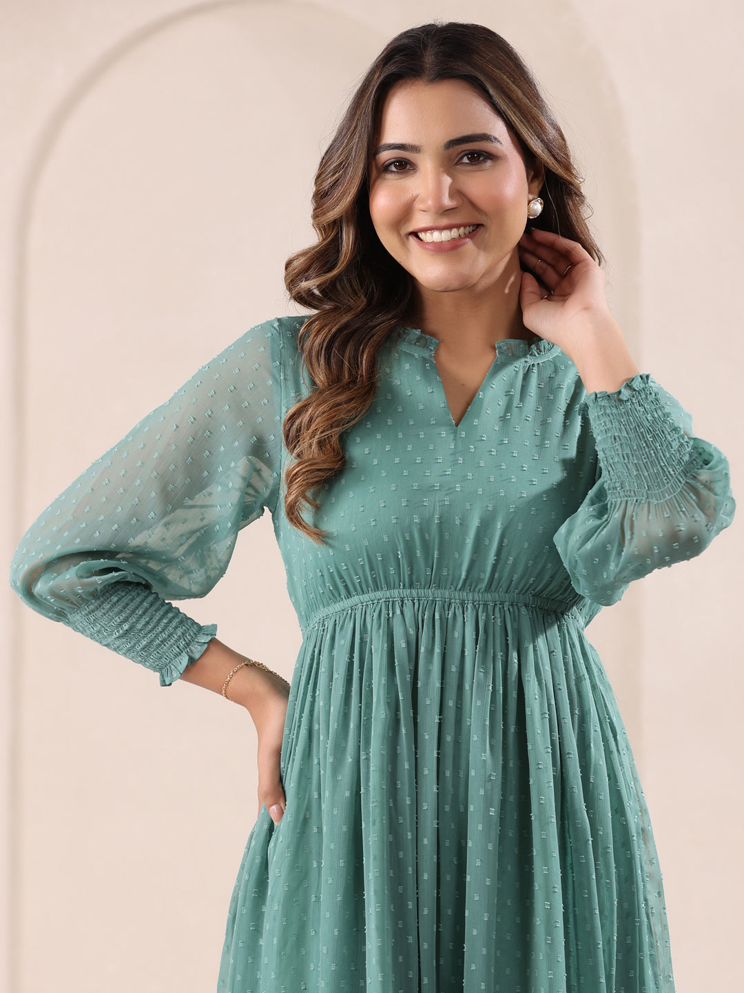 Sage Dobby Chiffon Fit & Flare Dress