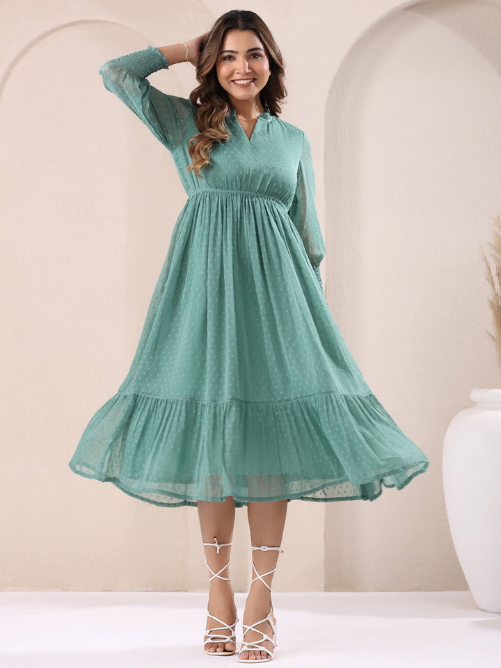 Sage Dobby Chiffon Fit & Flare Dress