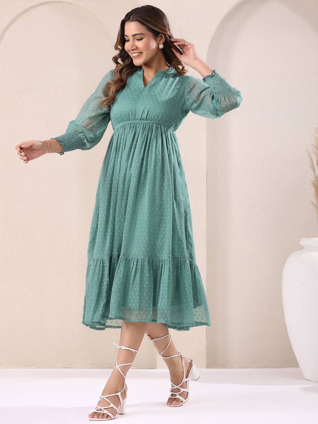 Sage Dobby Chiffon Fit & Flare Dress