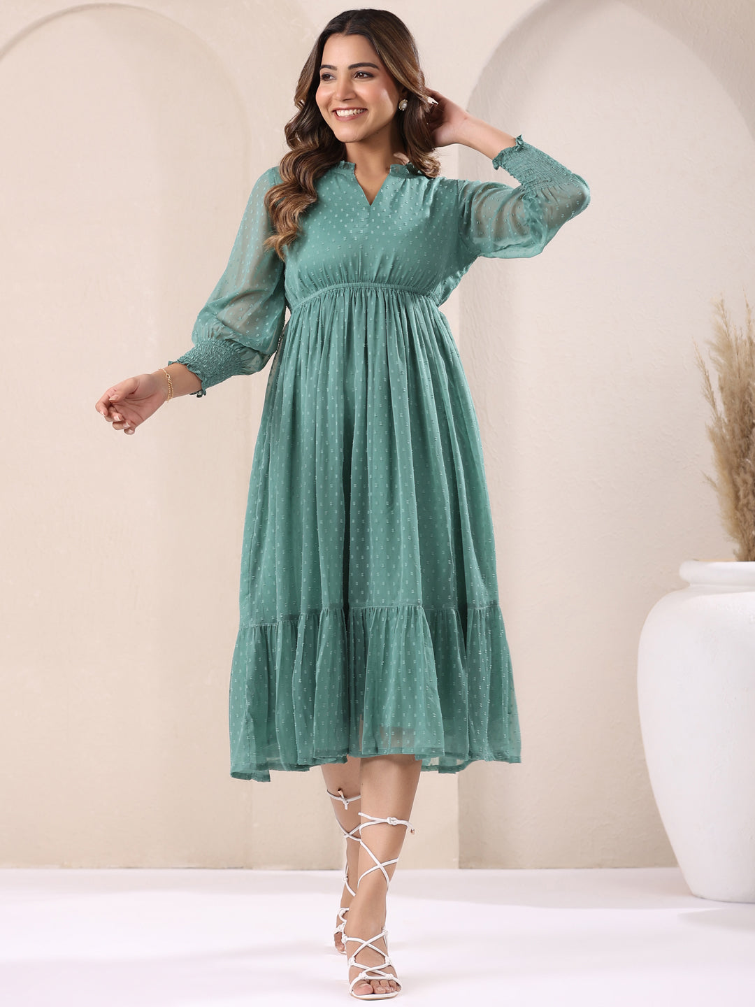 Sage Dobby Chiffon Fit & Flare Dress