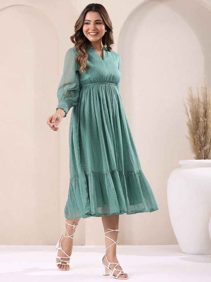 Sage Dobby Chiffon Fit & Flare Dress