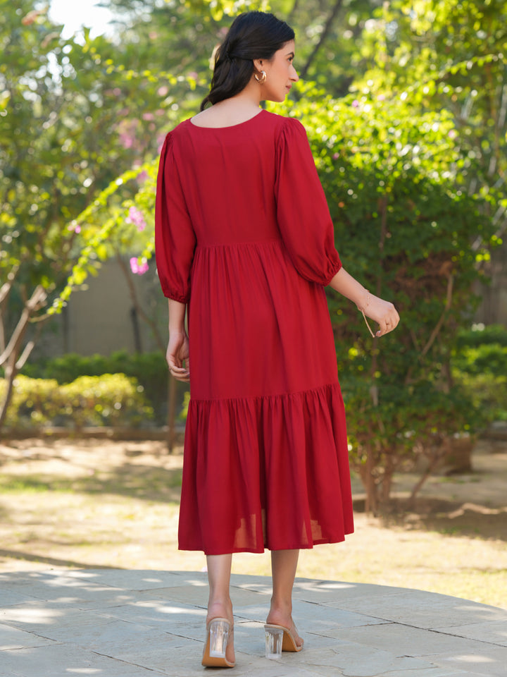 Red Rayon Floral Tiered Dress