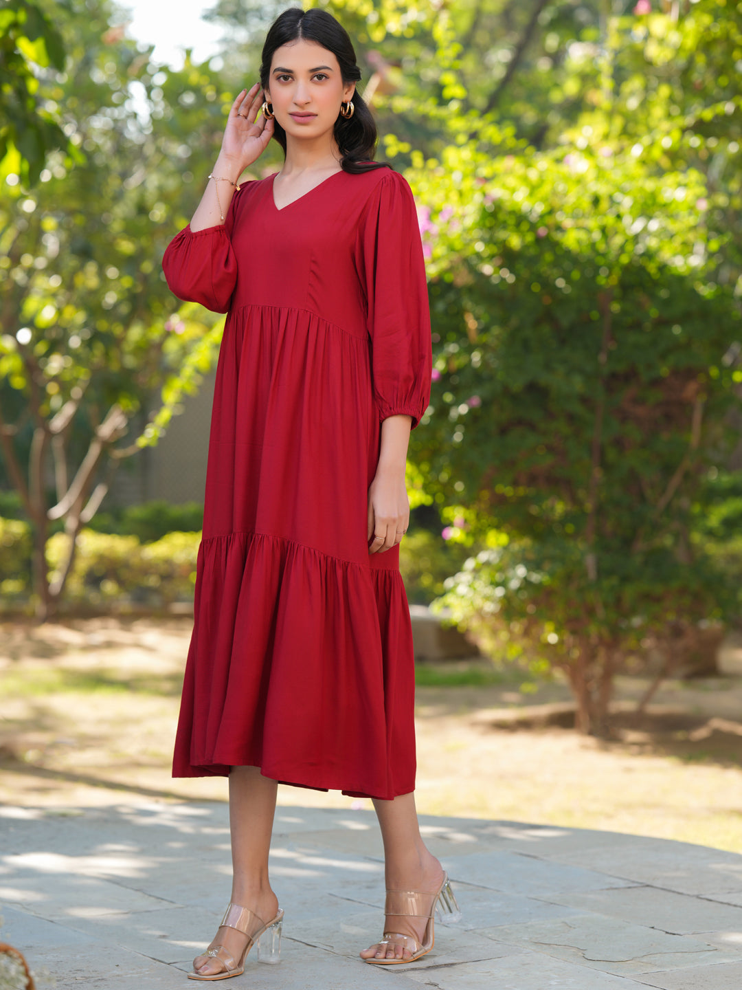 Red Rayon Floral Tiered Dress