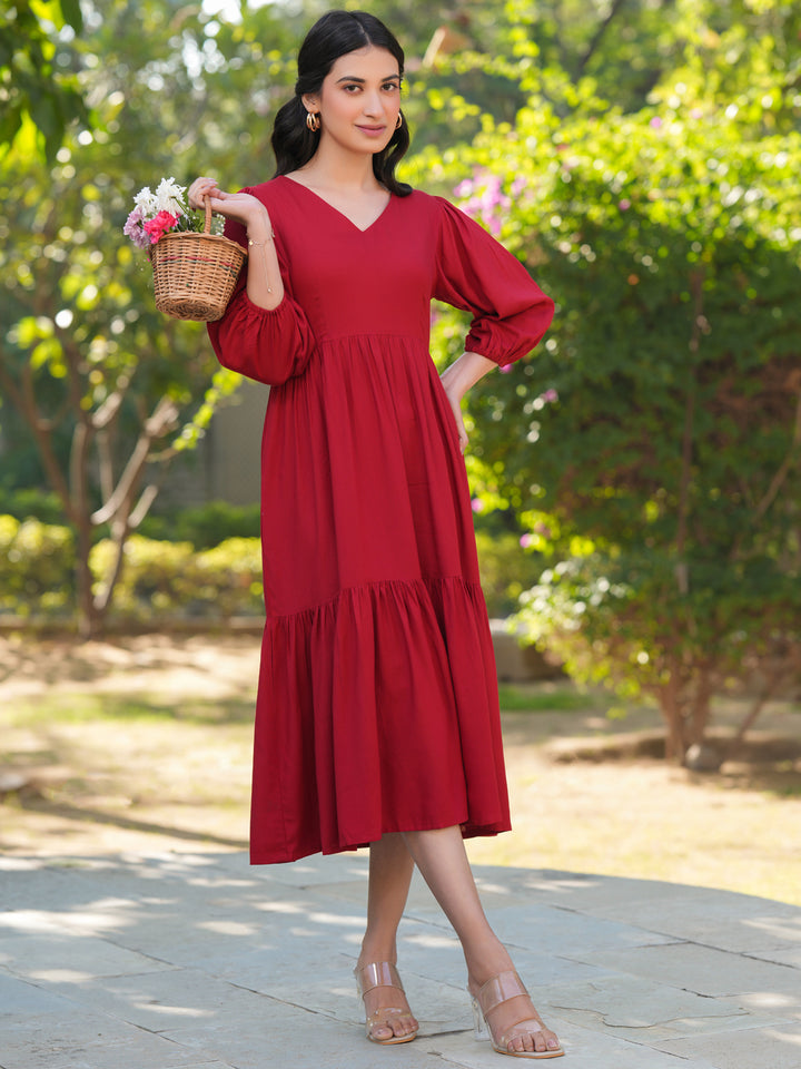 Red Rayon Floral Tiered Dress