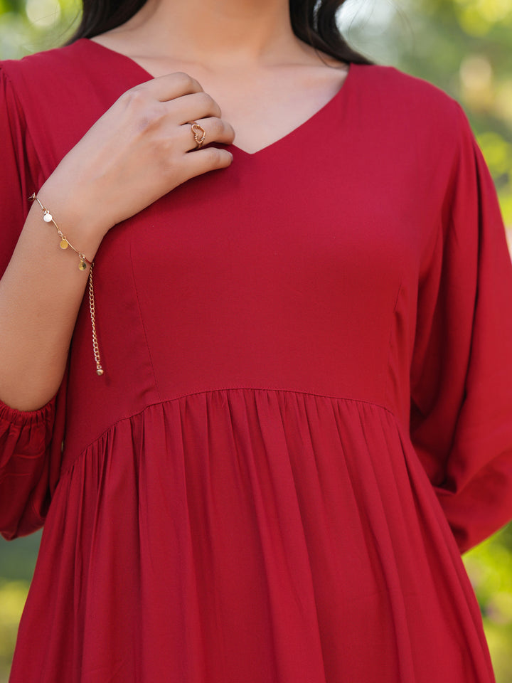 Red Rayon Floral Tiered Dress