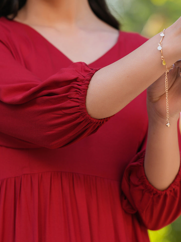 Red Rayon Floral Tiered Dress