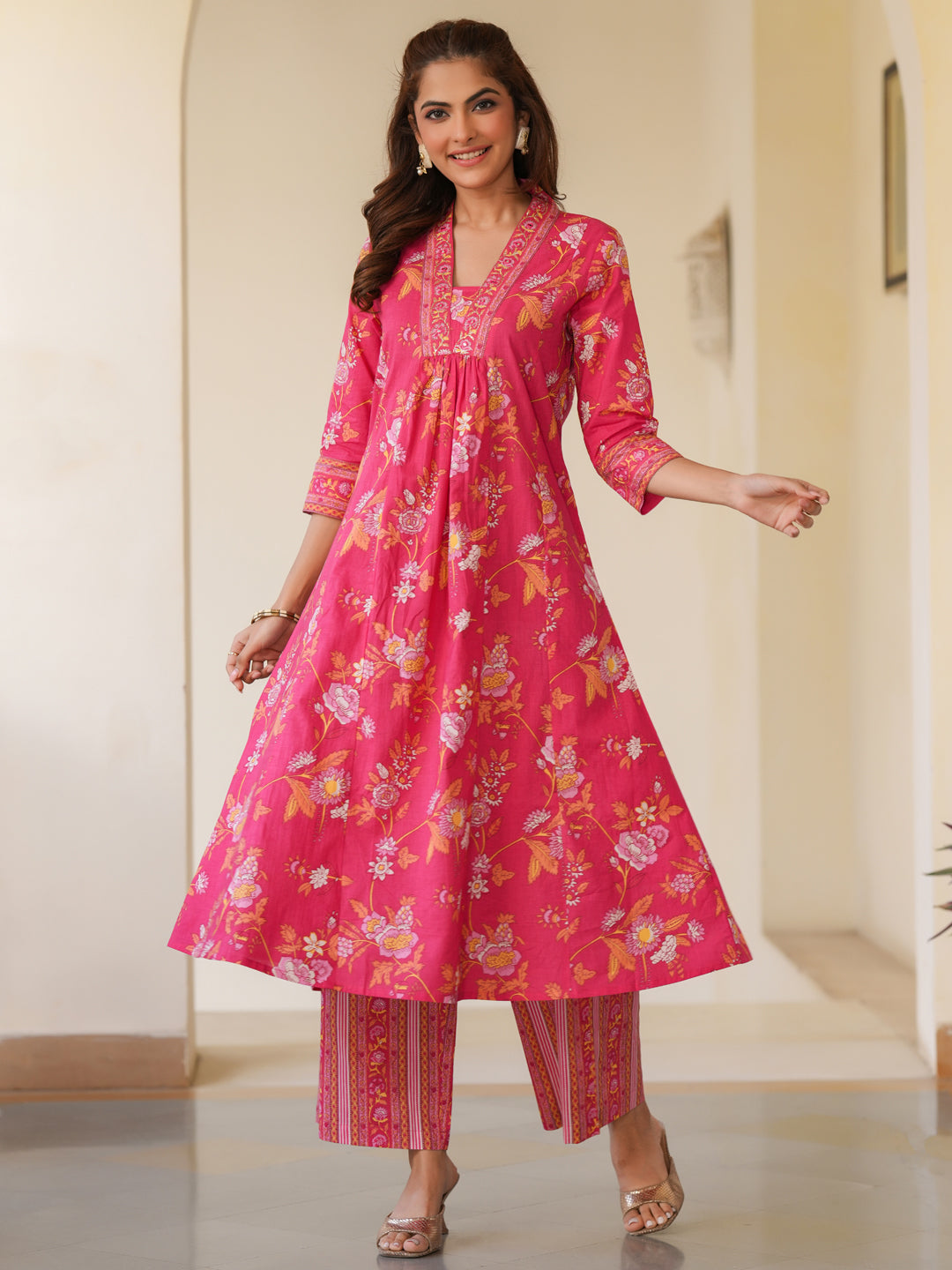 Pink Cotton Floral 2-Piece Kurta Set