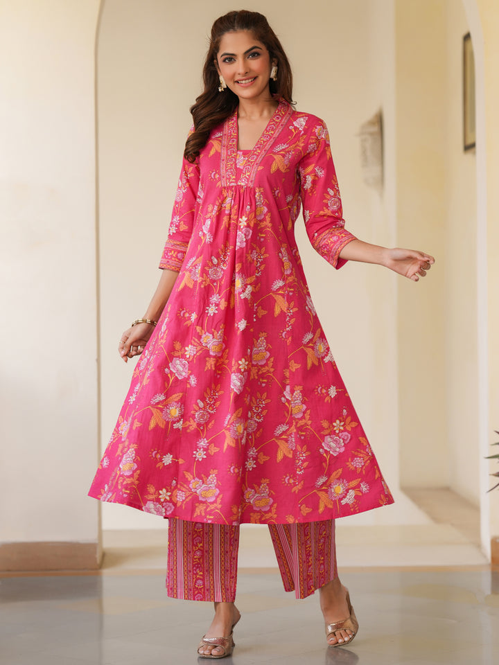 Pink Cotton Floral 2-Piece Kurta Set