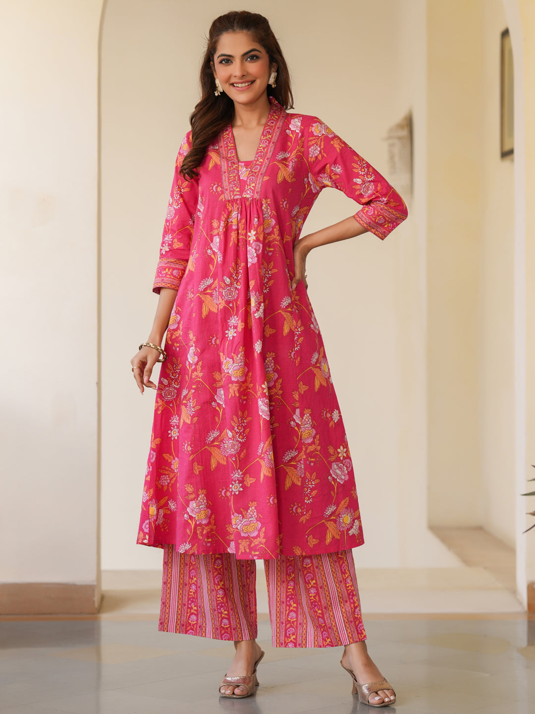 Pink Cotton Floral 2-Piece Kurta Set