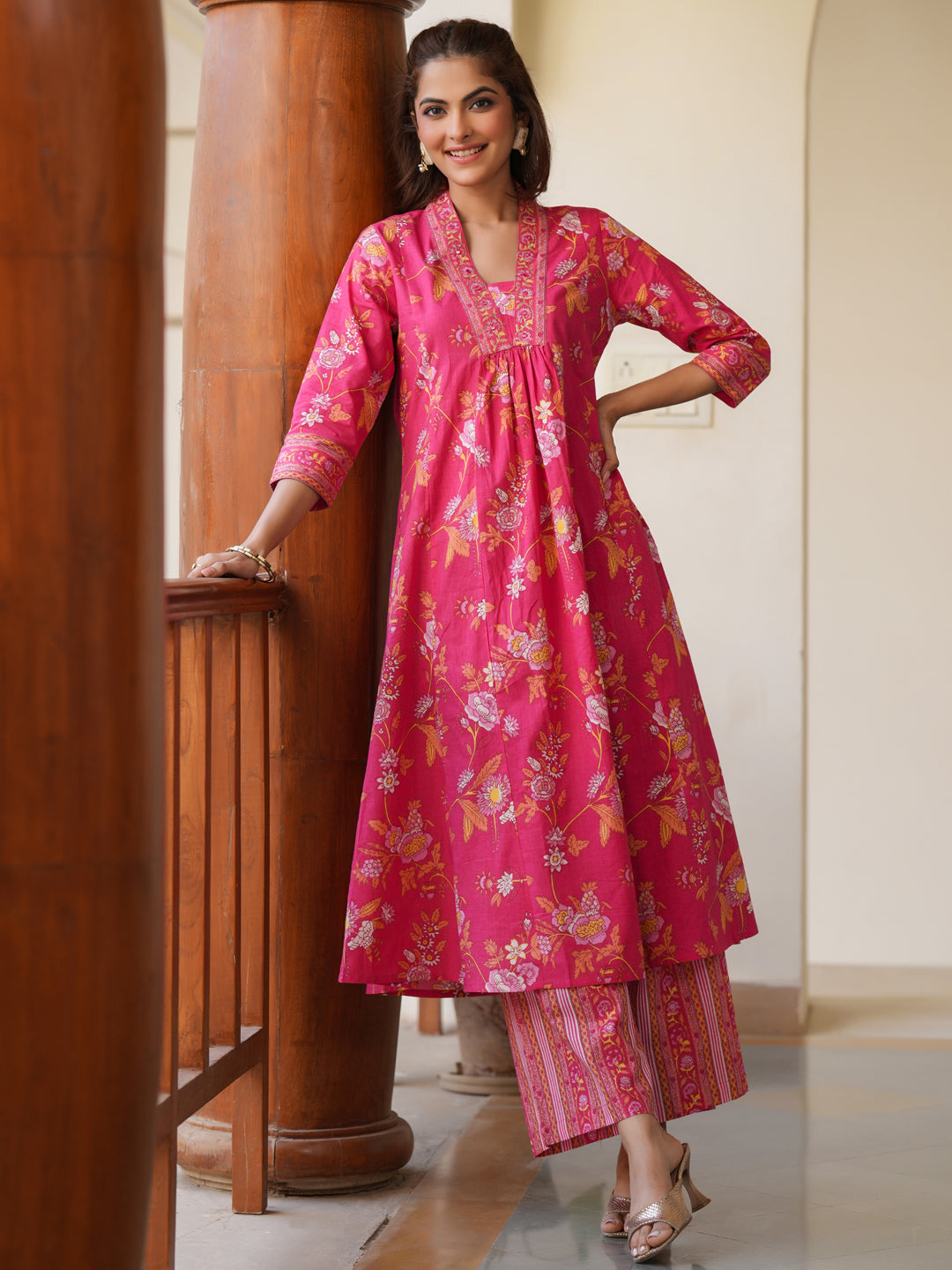 Pink Cotton Floral 2-Piece Kurta Set