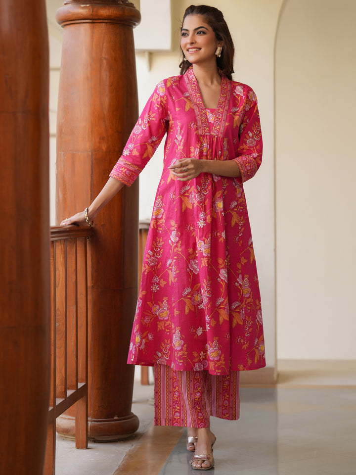 Pink Cotton Floral 2-Piece Kurta Set